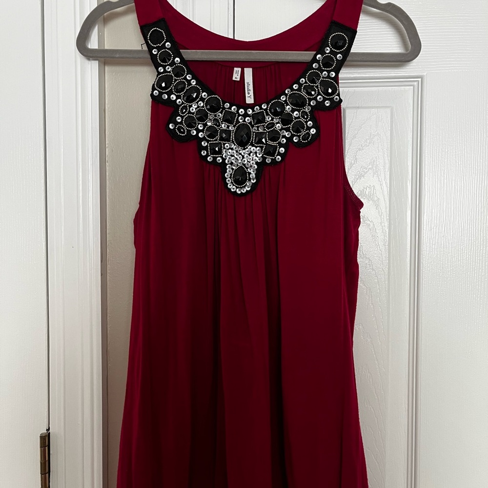 Studio Y Red Sleeveless Blouse with Black Embellishments